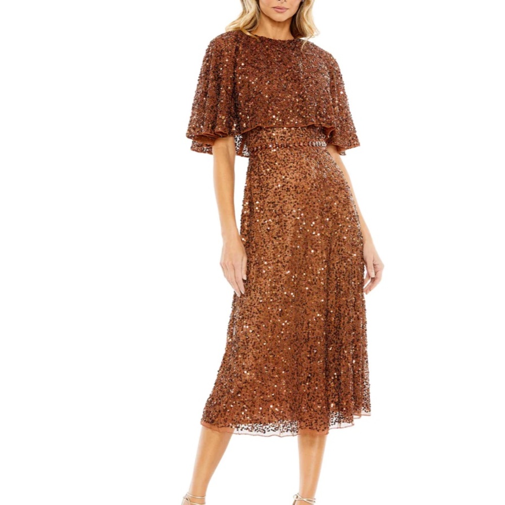 Mac Duggal Size 16 Copper Beaded Cape Dress MIDI High Neck  Embellished